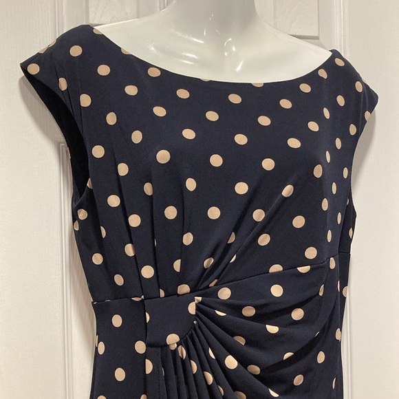 NWOT - Connected Apparel Navy & Cream Polka Dot Faux Wrap Dress - Size 12 - Picture 3 of 15
